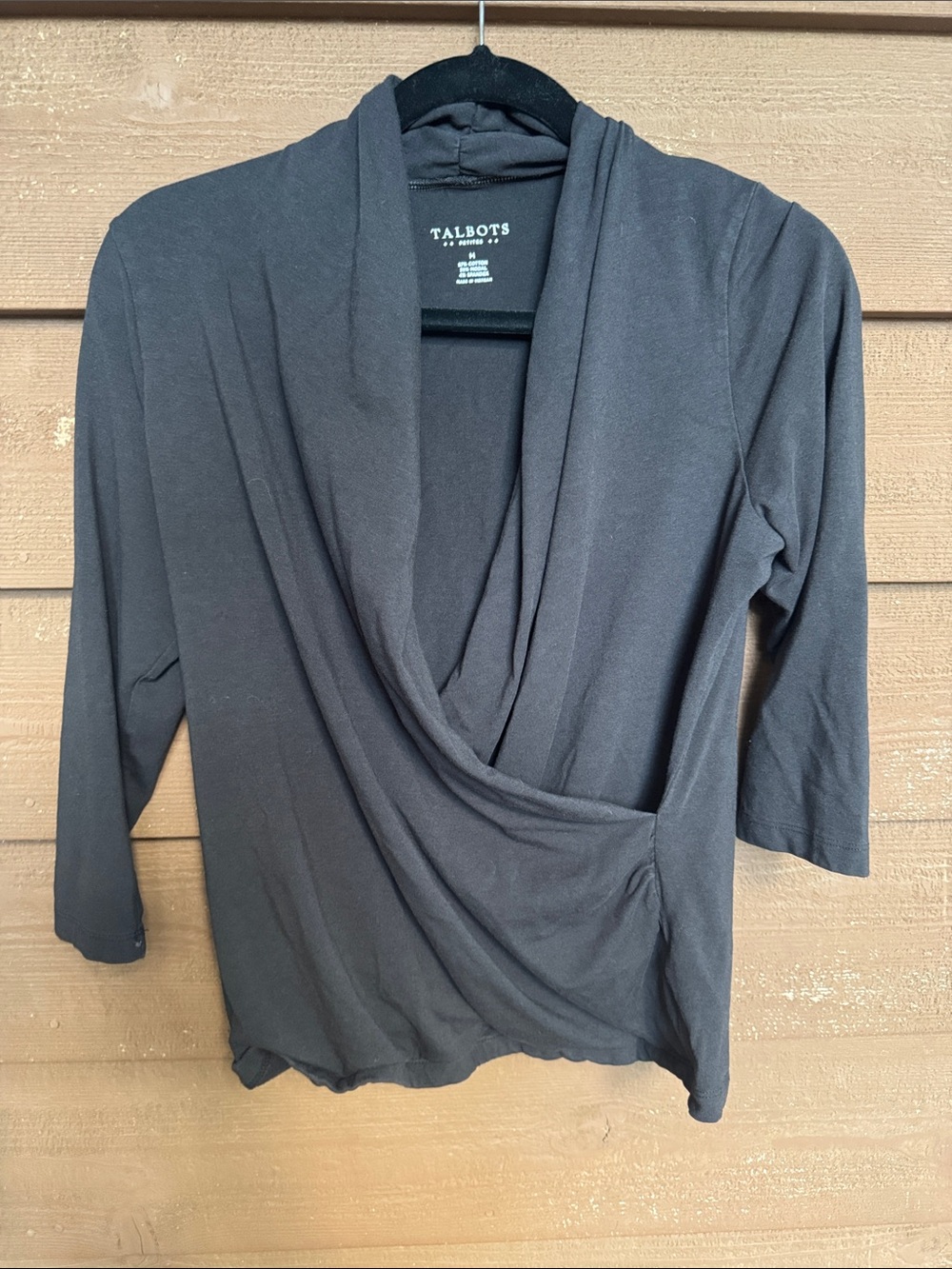 Talbots Black Draped Wrap-Front Long Sleeve Top size Medium Petite
